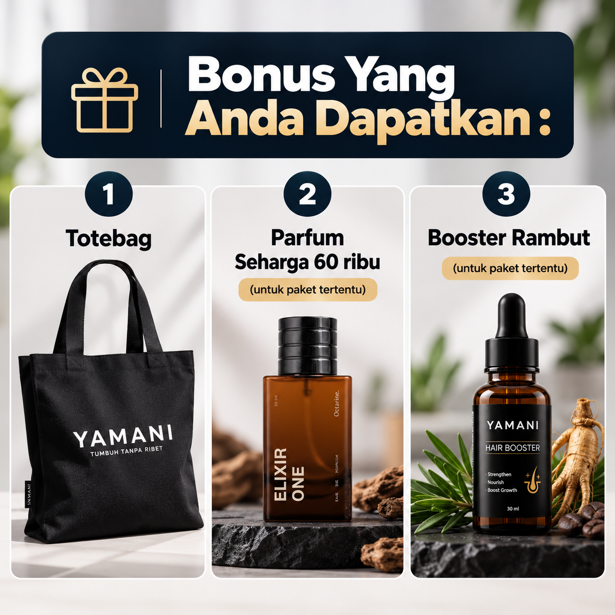 Bonus Yamani Beard: totebag, parfum seharga 60 ribu untuk paket tertentu, dan booster rambut untuk paket tertentu