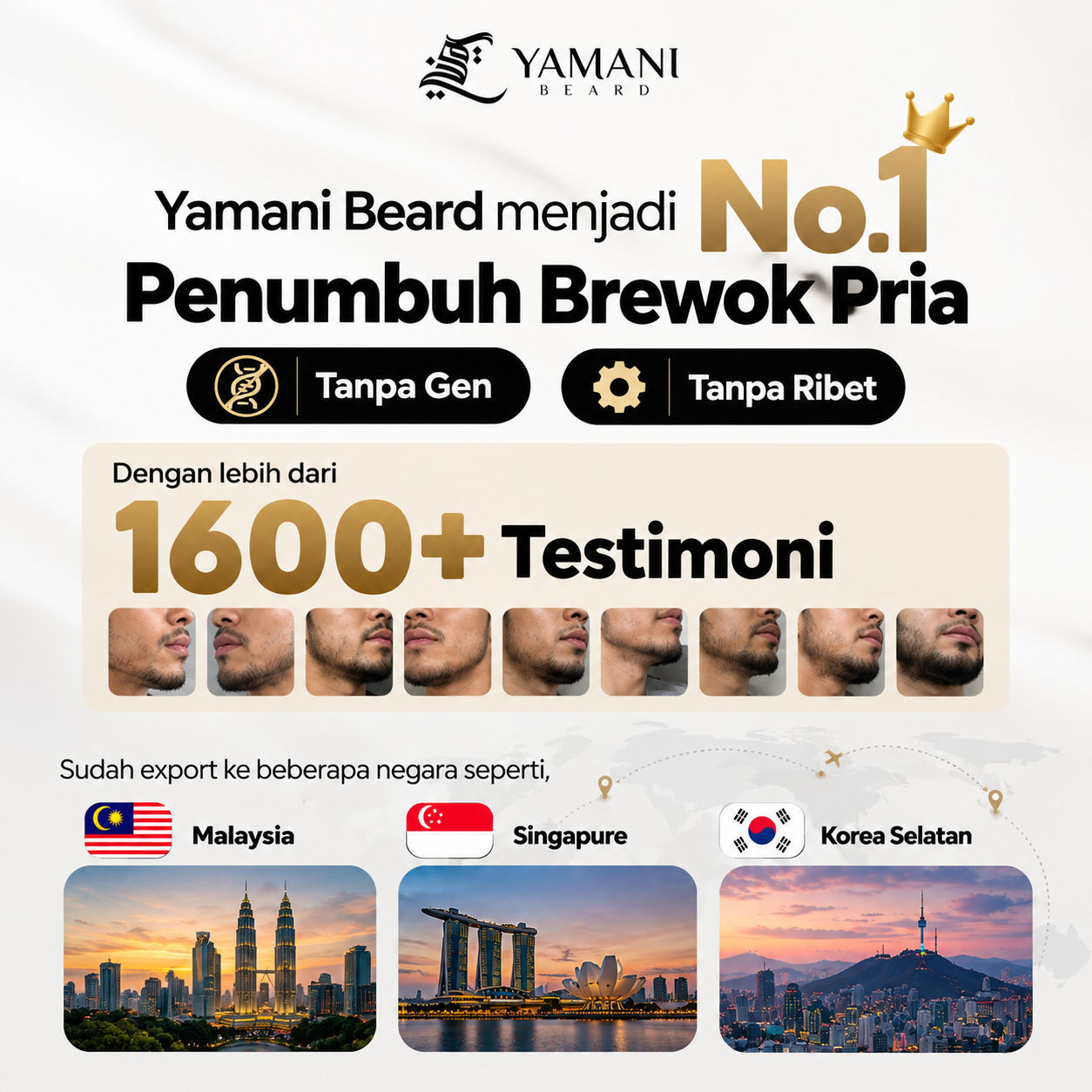 Infografik Yamani Beard: penumbuh brewok pria tanpa gen, 1600+ testimoni, dan ekspor ke Malaysia, Singapura, serta Korea Selatan